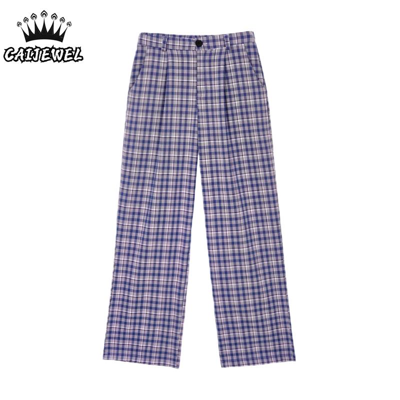 

Women's Pants 2022 Autumn Vintage Streetwear Purple Plaid High Waist Trouser Fashion Straight Baggy Casual Wide Leg Ladies Pants