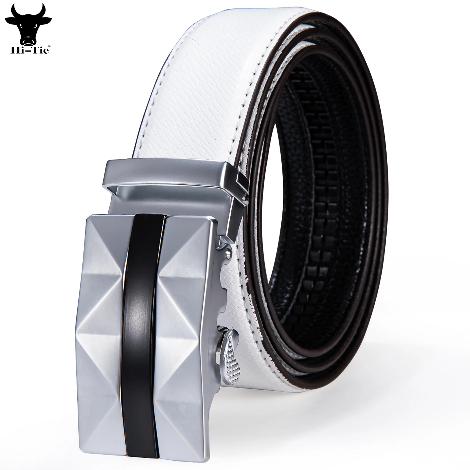 

Hi-Tie Silver Automatic Buckles Mens Belts White Genuine Leather Ratchet Waistband Belt for Men Dress Jeans Suit Wedding Casual