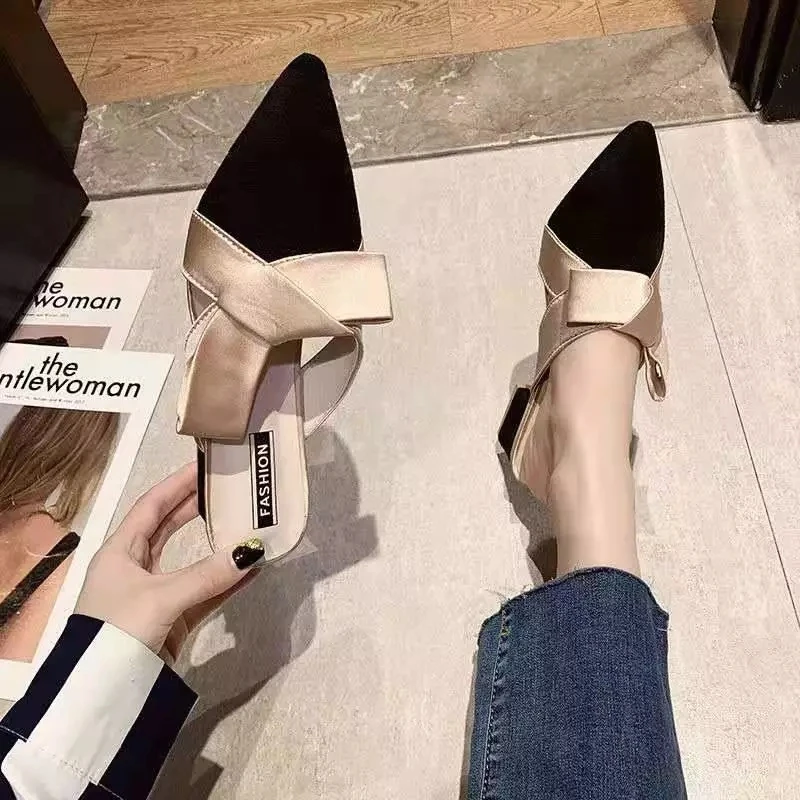 Женские шлепанцы с бантом ertzk модные острым носком на высоком каблуке E512