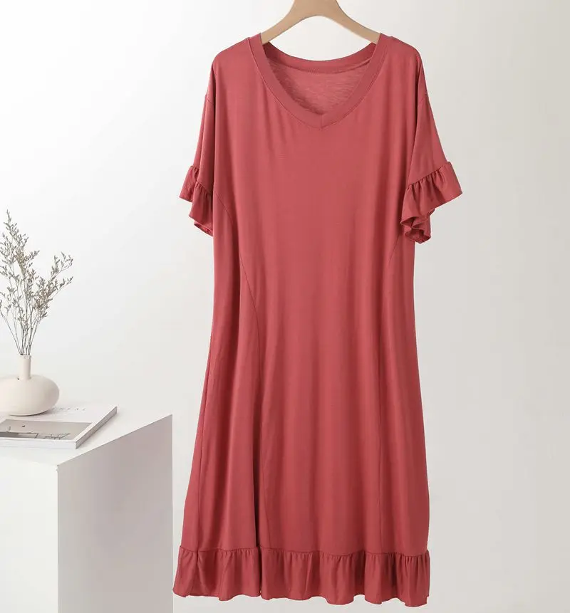 2021New Summer Modale Women's Nightdress V-neck Dress Women's Korean Thin Solid Medium Length Knee Nightgown Home Wear Sleepwear