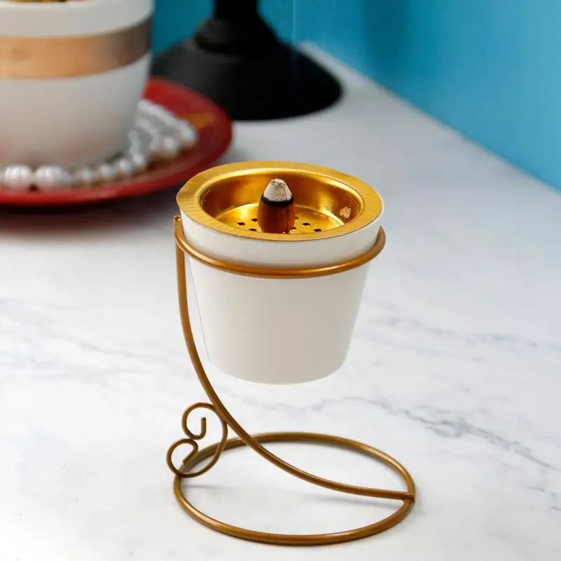 

1 Pc Ceramics Incense Holder With Metal Bracket Simple And Modern Iron And Ceramic Incense Burner Gold-Plated Censer Ornaments