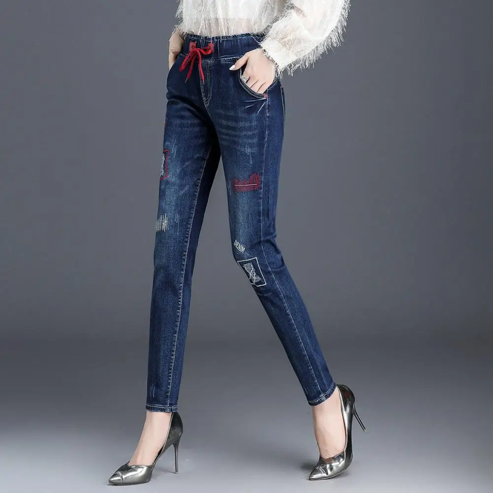 news Elastic waist Lace up Women's jeans mum elastic pants trousers High letter Spring and Autumn women Pencil | Женская одежда