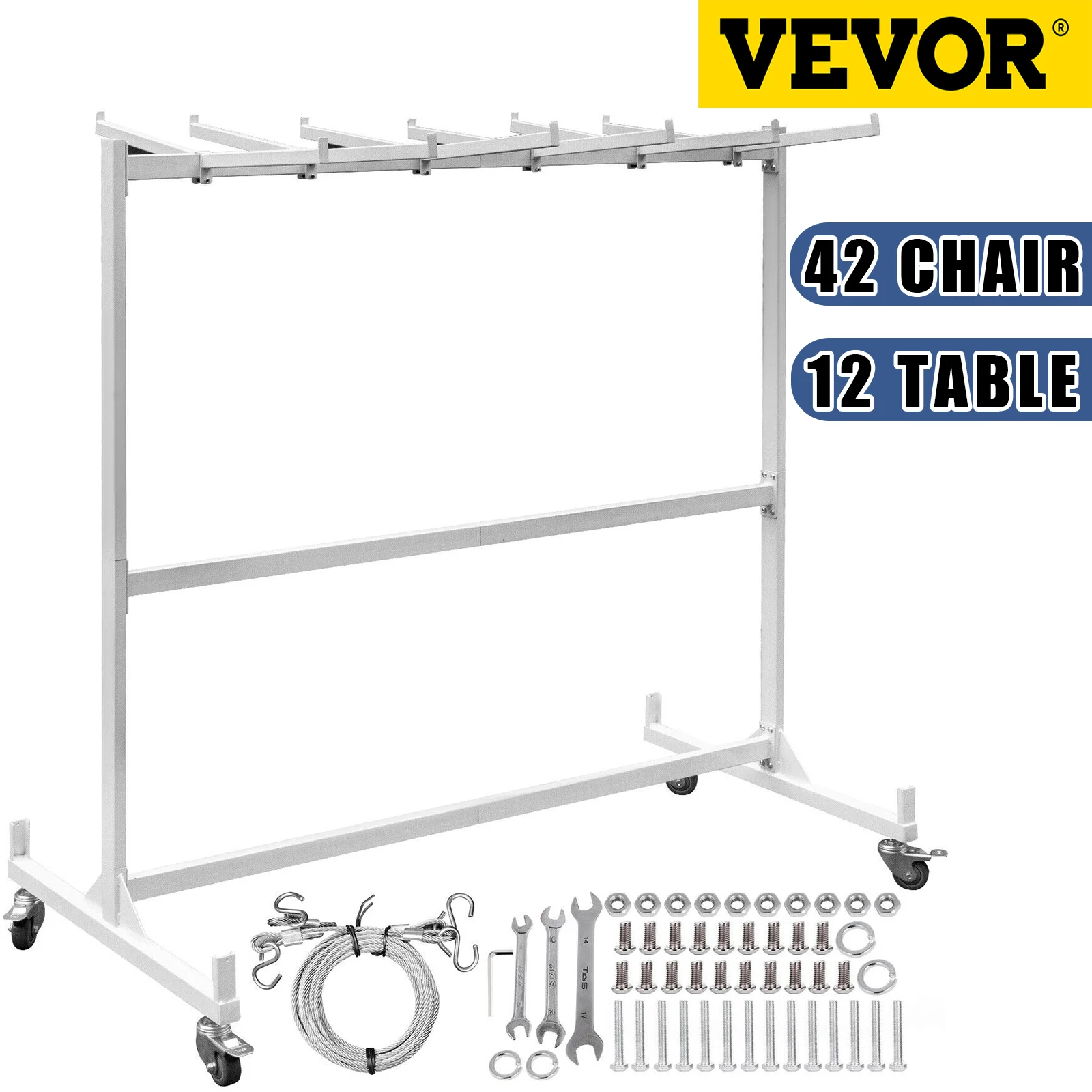 VEVOR-silla plegable de 1 capa, carrito con ruedas de bloqueo, máximo 42 sillas, marco de acero de rueda giratoria con cuerda, 3 filas