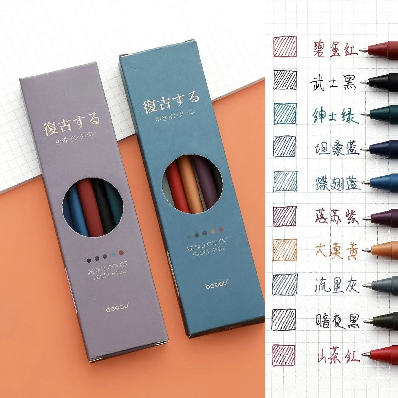 5pcs Retro Color Pen Set Triangular barrel Vintage Purple Gray Brown Gel Ink Pens for Marker Liner Office School Supplies A6727 - купить по