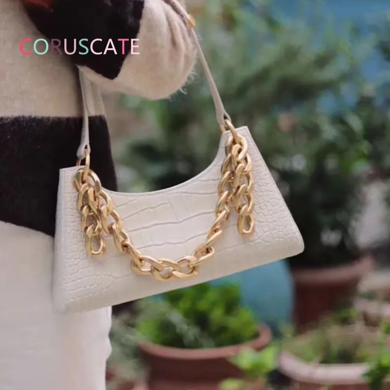 

Fashion Chain Bag European Style Solid Color Crocodile Pattern Thick Chain Women Shoulder Bag Retro Lady underarm baguette bag