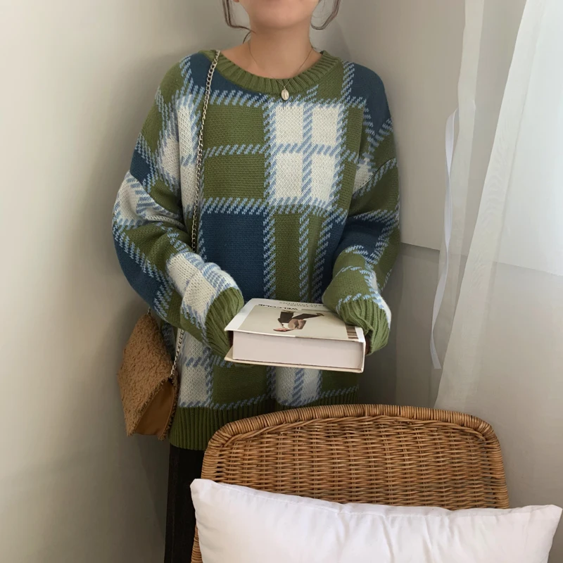 

2020 New Spring Autumn Women's Plaid Knitting Sweater Female O Neck Long Sleeve Knit Tops Ladys Casual Knitted Sweater