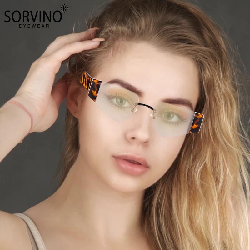 2021 New Trendy Rimless Cat Eye Sunglasses Fashion Retro Big Bee Shape Frame  Women Black Lens Unique Glasses Y12