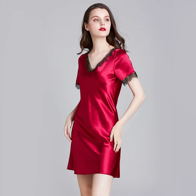 Women's Summer Nightwear Satin Short Sleeve Nightgown V-Neck Solid Color Above Knee Sleepwear Women Lace Sexy Nightdress