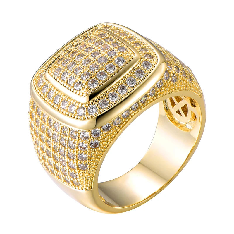 Gold Хип-хоп ледяной Bling Полный украшения CZ Tready квадратный медный циркон кольцо для мужчин и женщин ювелирные изделия золото серебро Размер 8-11 - Main Stone Color: Gold