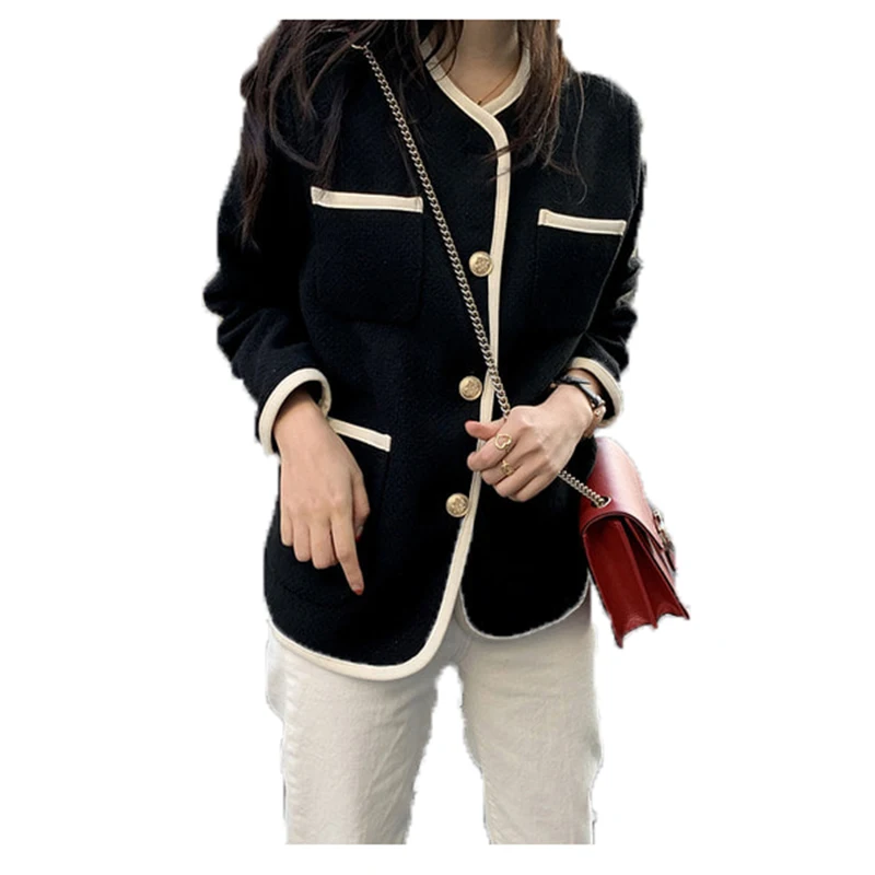 

Breasted Minimalist Patchwork Panelled Woolen Suit Coat 2020 Autumn Winter Female Round Neck Long-sleeved Single