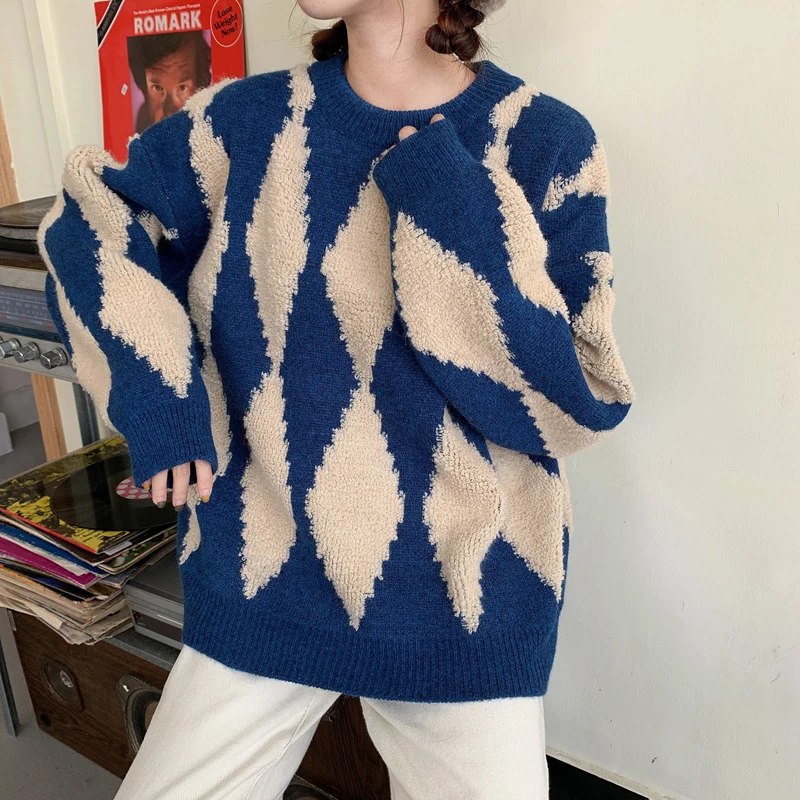 

2021 New Women Argyle Pullover Sweaters Knitted Female Thick Sweet Loose Elegant Office Lady Casual All Match Tops