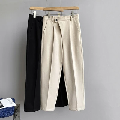 

2020 Autumn Winter High Waisted Straight Woolen Woman Harem Pants Solid Color Casual Loose Thick Ankle-length Pants Trousers