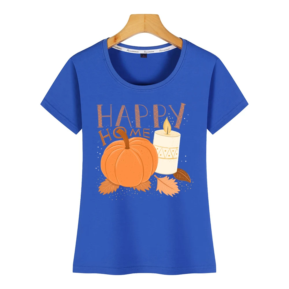 Tops T Shirt Women happy home pumpkin and candle alight hygge Fit Inscriptions Print Female Tshirt | Женская одежда