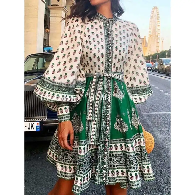 Женское платье в стиле бохо зеленое мини-платье с пейсли вечерние платья из