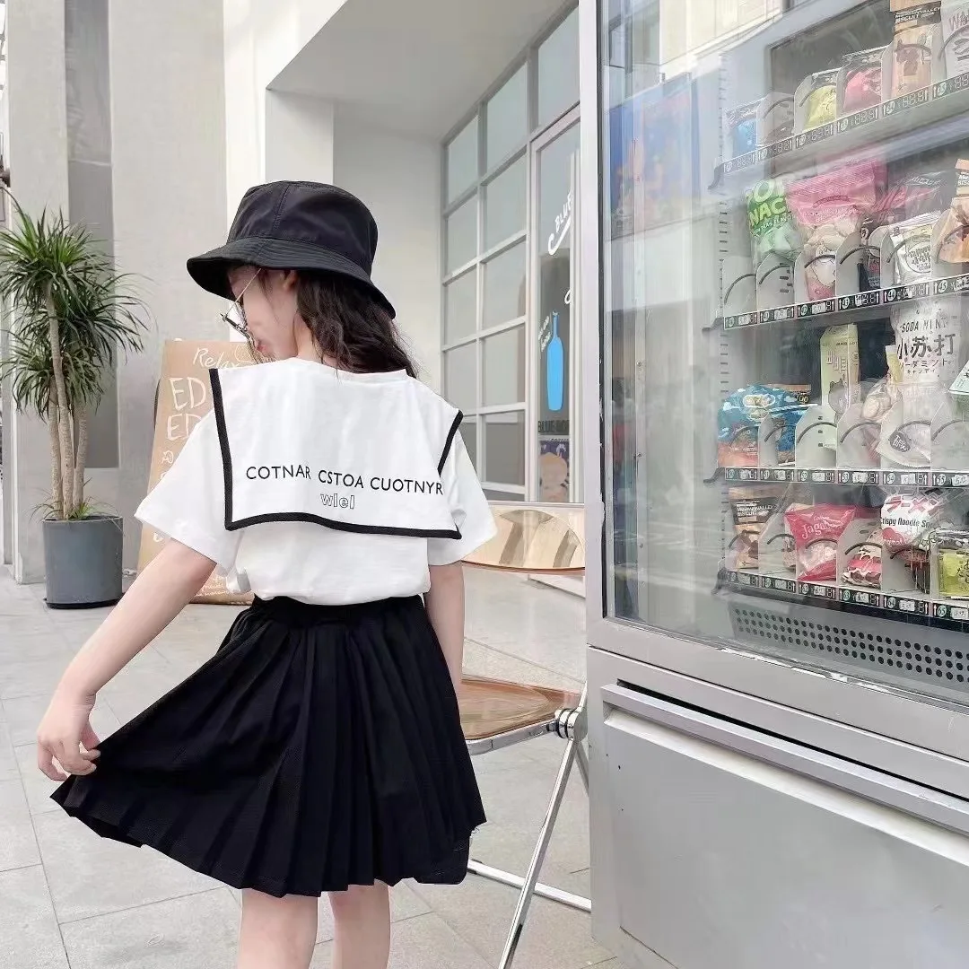 

Summer 2021 new girl children's washed cotton soft t-shirt plus cotton pleated skirt college style two-piece suit