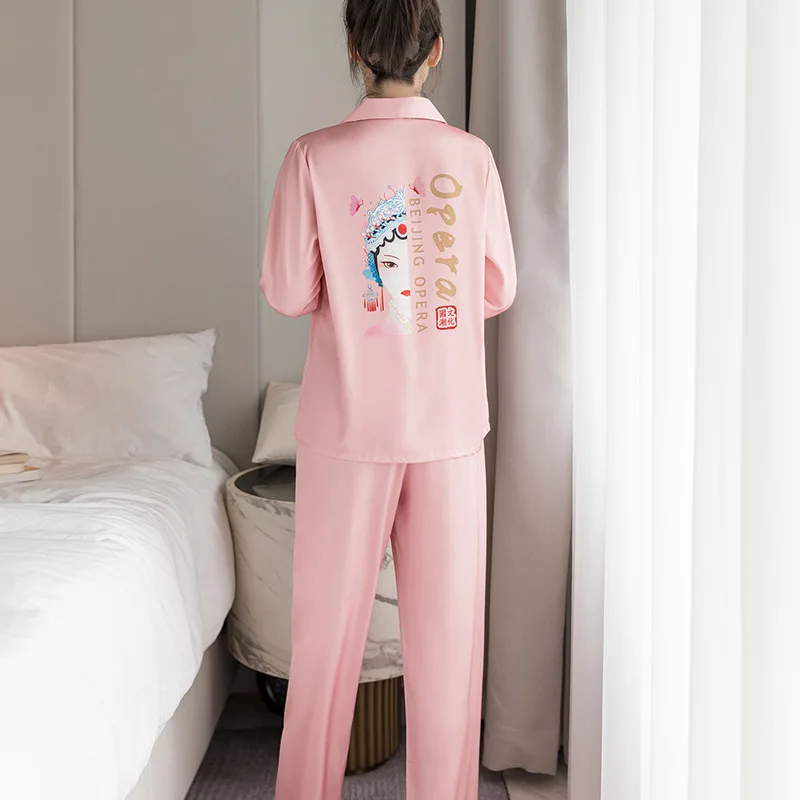 

Spring Autumn Pink Satin Pyjamas Women's Pajamas Sets Long Sleeve Long Pants Nightwear Homewear