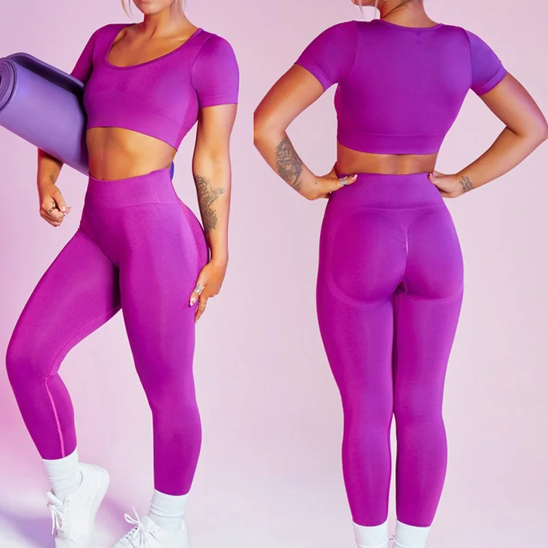 Однотонный бесшовный комплект для йоги одежда тренировок женщин спортивная с