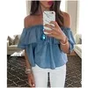 

Denim Top 2021 New One-line Neck Ruffle Loose Sleeve Length(cm) Color Style Material Occasion Pattern Type Feature Origin Season