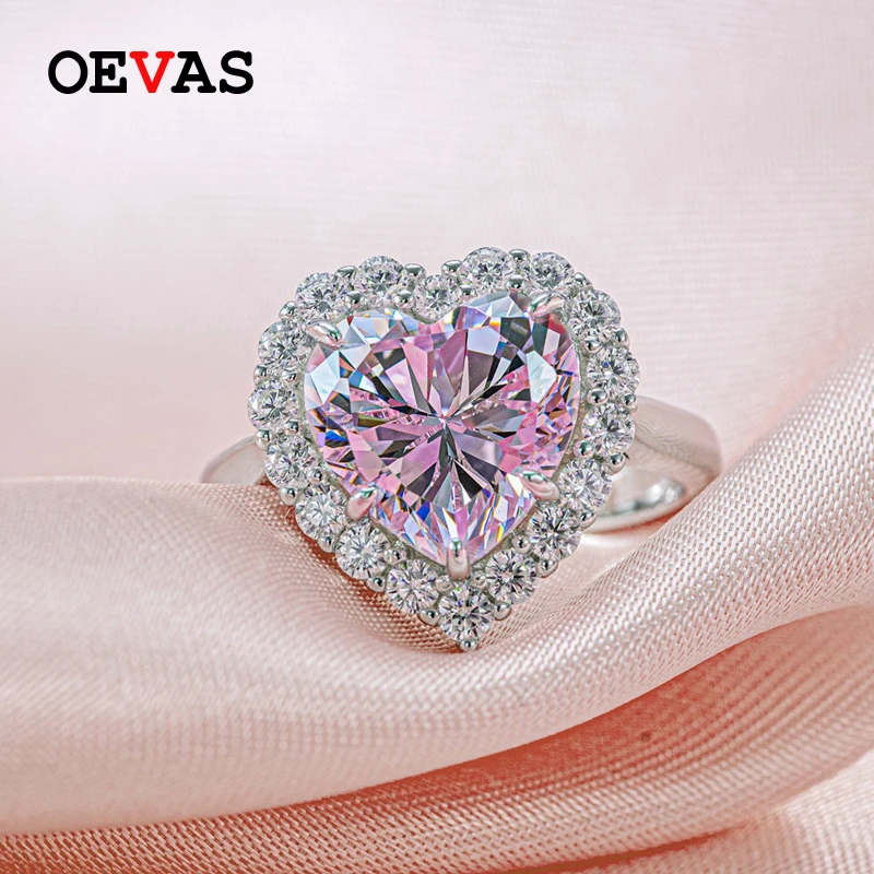 OEVAS 100% 925 Sterling Silver Wedding Rings For Women Sparking 10*10mm Red Pink Heart High Carbon Diamond Fine Jewelry Gifts