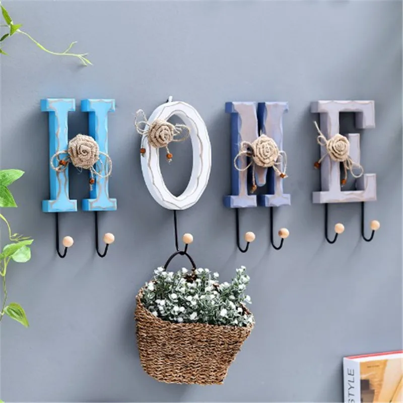 

HOME Wood Hooks Key Holder LOVE Letters Number Door Back Storage Hanger Jute Flower Wall Mounted Robe Hook Organizer Home Decor