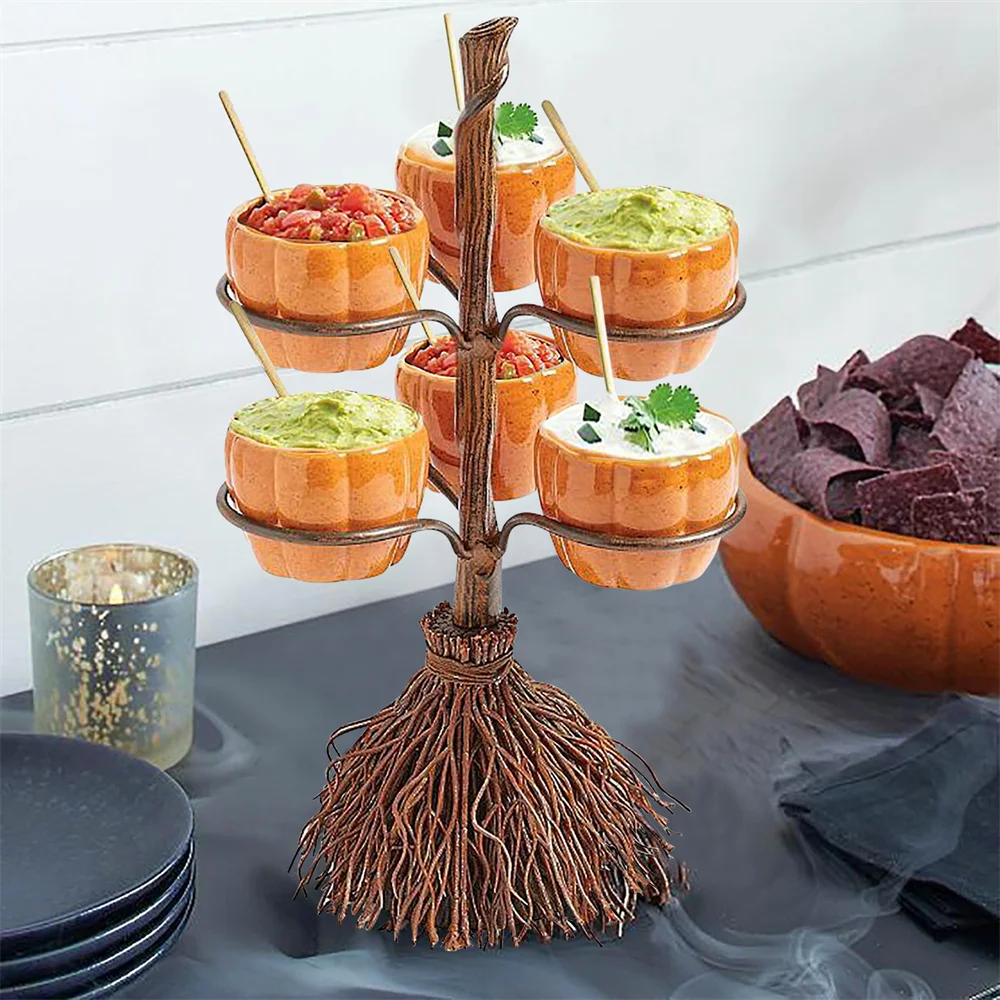 Halloween Pumpkin Snack Bowl Plate Broomstick Rack Snack Dish Dried Fruit Basket Candy Cake Stand Salad Bowl Party Display Tray