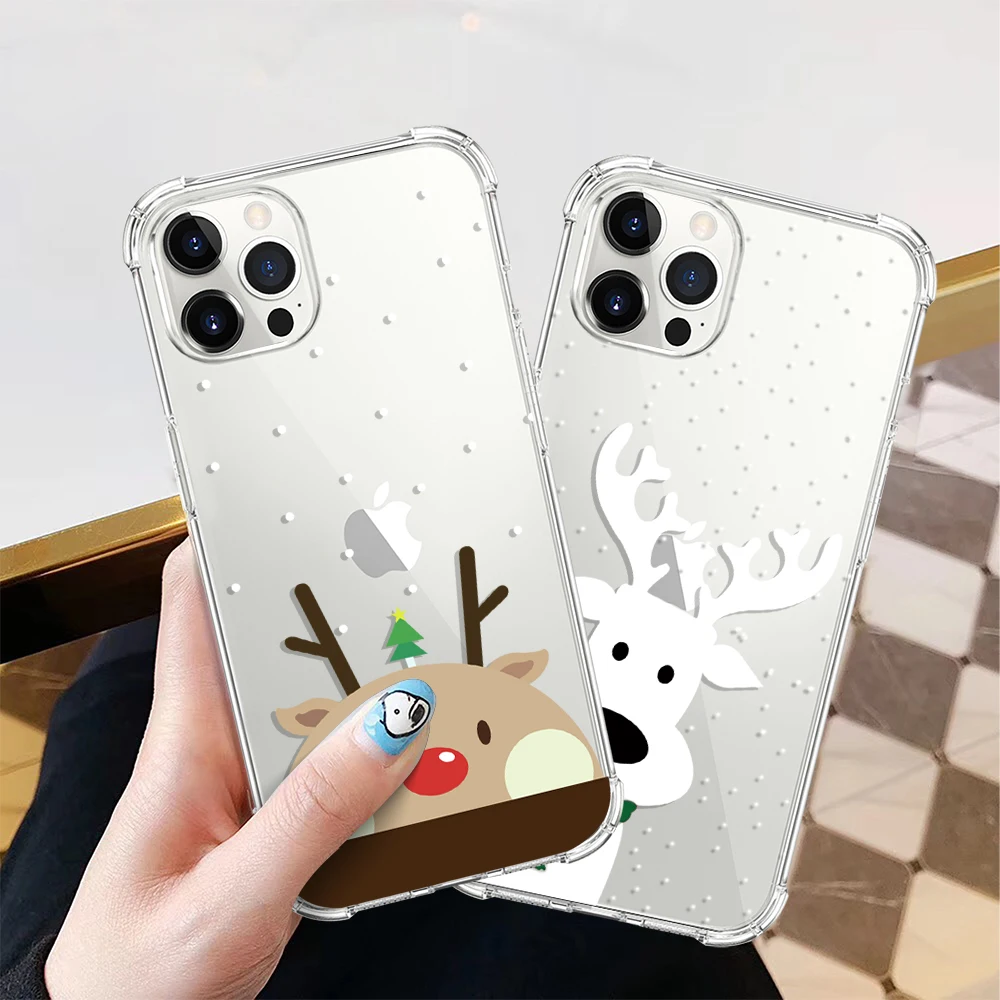 

Christmas Elk Phone Cover for Iphone 11 12 13 Pro Max X XR XS Max 7 8 Plus Silicone Soft Shockproof Transparent Xmas Case
