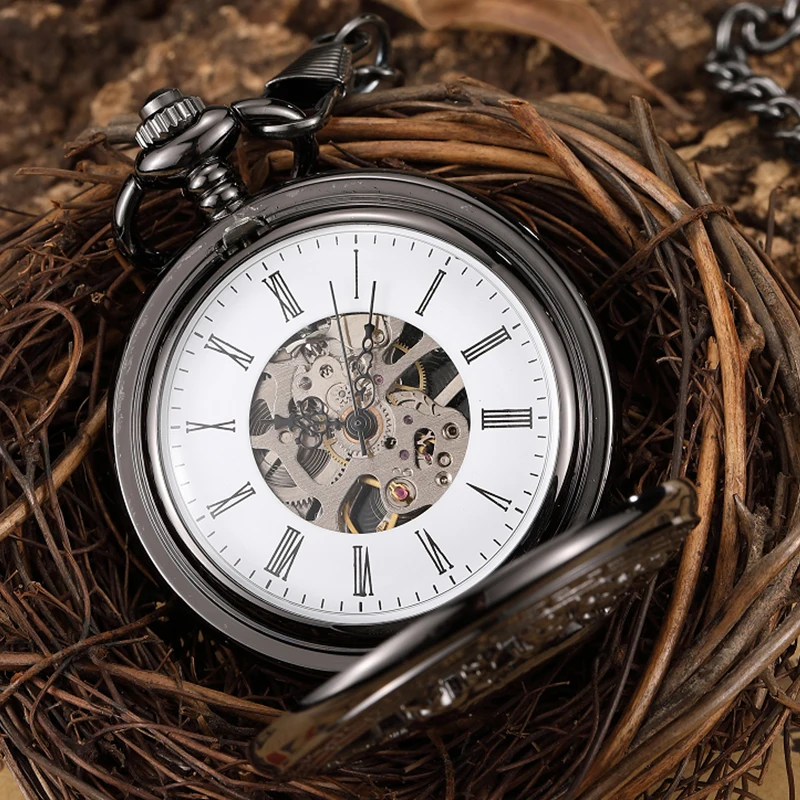 Black Deer Mechanical Pocket Watch Skeleton Vintage Antique Luxury Hollow Case Animal Engraved Male Fob Chain Clock for Men