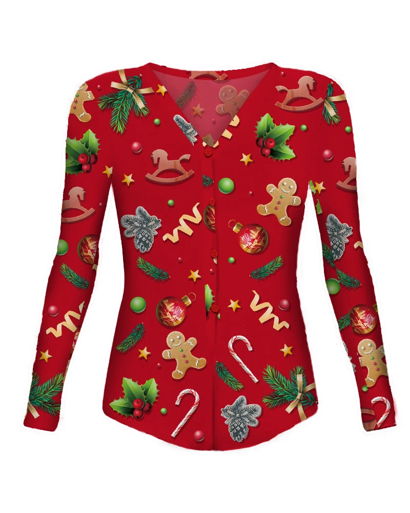 2020 Christmas Women Sexy Red Long Sleeve Bodycon Bodysuit Top Casual Peach Chili Print Button Sleepwear Jumpsuit Shorts Romper