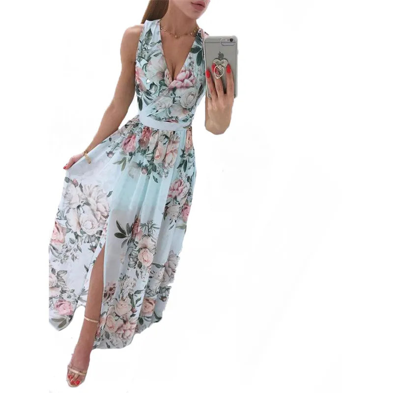 

Chiffon Floral Printed Dress Women 2021 Summer Elegant Sleeveless V-neck Bohemian Split Maxi Dresses Female JD1423