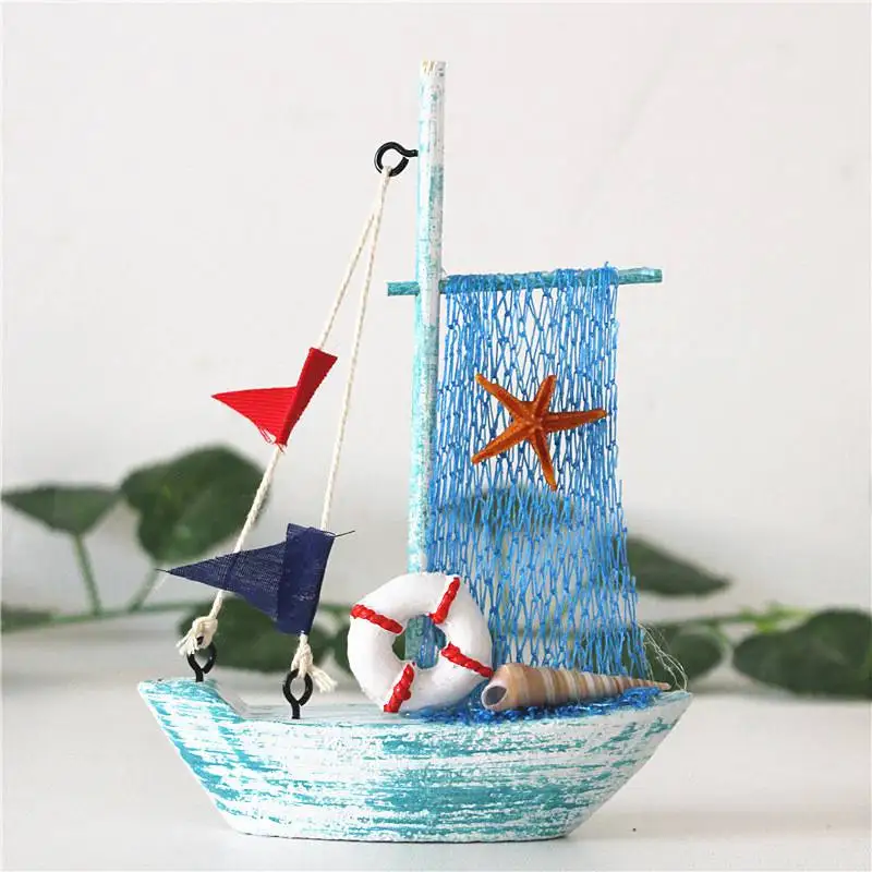 

Wooden Blue Sailing Ship 15cm Party Room Crafts Ornaments Mediterranean Style