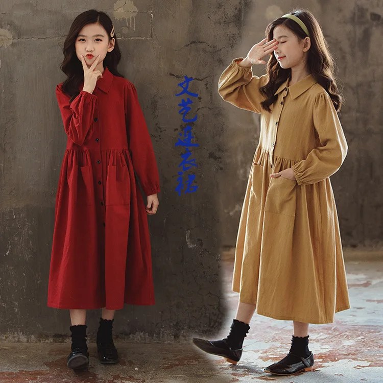 

2021 New Kids Long Dresses Teenage Red Yellow Wedding Party Dress Girl Dress Long Sleeve Young Girls Spring Autumn Clothes