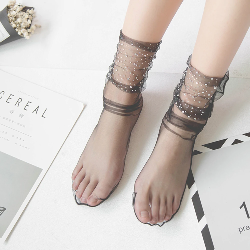 

Summer Thin Mesh Tulle Ankle Socks Transparent Elastic Shiny Rhinestone Socks Female Meias