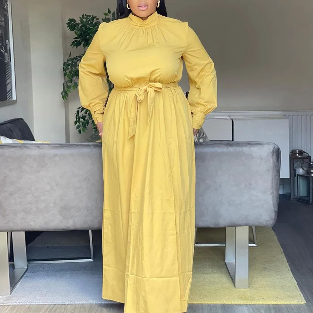 

Plus Size Casual Yellow Dress Autumn Long Sleeve High Waist Lace Up Women Fall Clothes Large Sizes Office Lady Maxi Dresses Robe