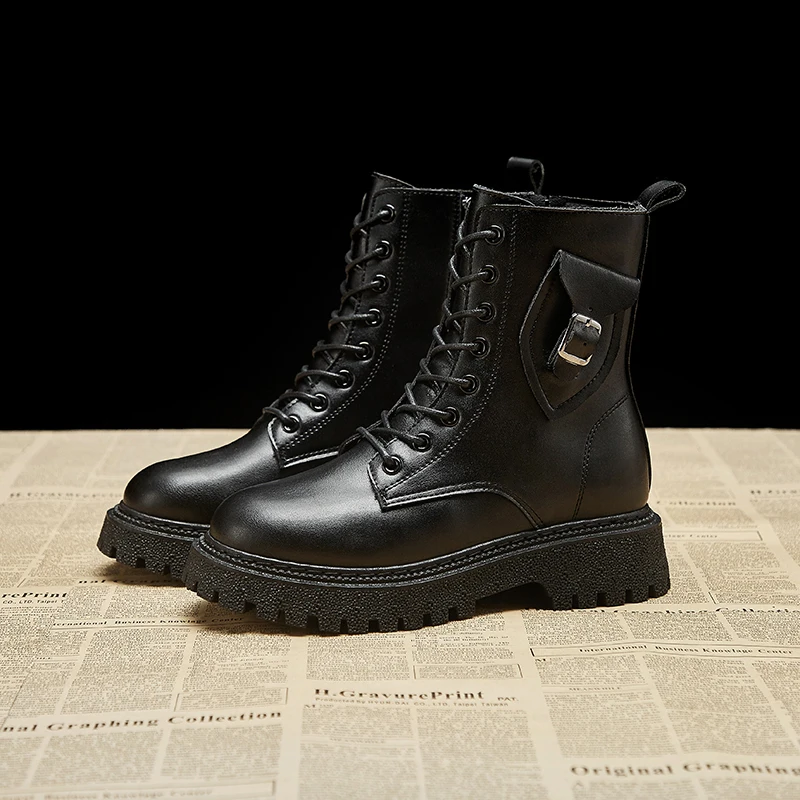 

Women Thick-soled Short Boots British Style Solid Color All-match Student Women's Boots Fashion Mid-heel Lace-up Women's Boots