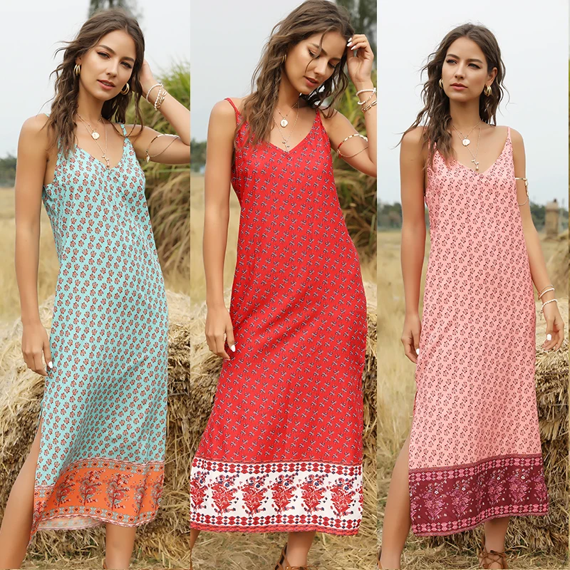 

Bohe Dresses Casual Sexy V-Neck Print Spaghetti Strap Long Woman Dress