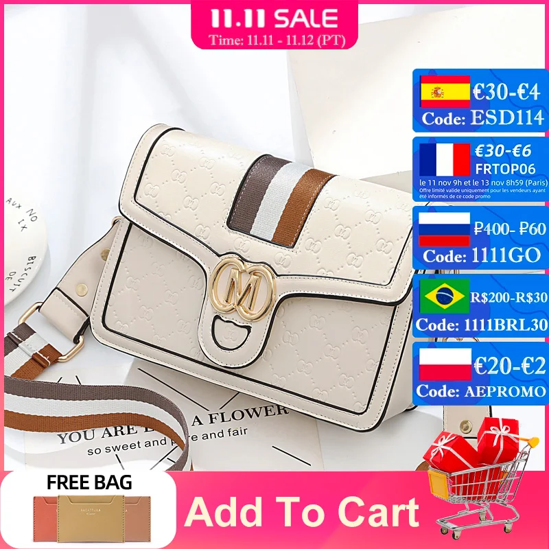 

DN Square Shoulder Bags Women's Crossbody Handbags Fashion Casual Purse Ladies Letter Embossing Wide Webbing Strap New PU Bags