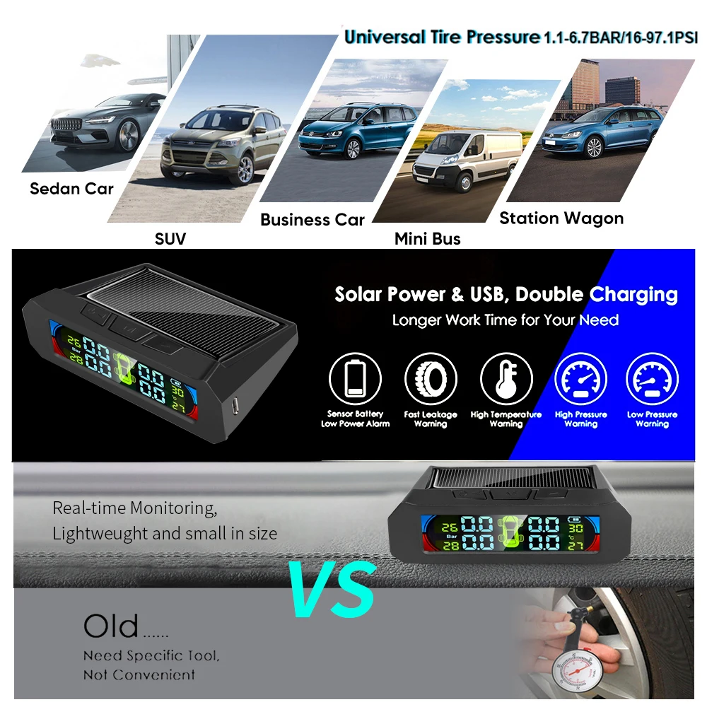 

Kebidumei Solar Power Tpms Car Tire Pressure Alarm Monitor System Auto Security Alarm Systems Tyre Pressure Temperature Warning