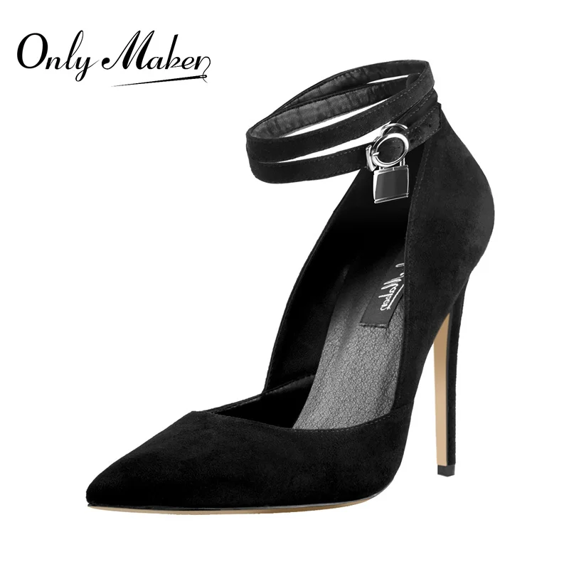 

Onlymaker Women's 12CM Pointed Toe Black Double Ankle Strap With Lock High Heel Flock Pumps Big Size US5~US15