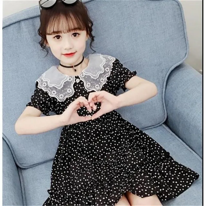

2021 Girls Summer Short Sleeve Doll Collar Chiffon Dress
