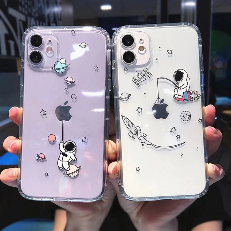 

New Cute Cartoon Planet Star Space Case For iPhone11 12 13 Pro Max 12Mini XS XR 7 8 Plus Transparent Soft TPU Shockproof Cover