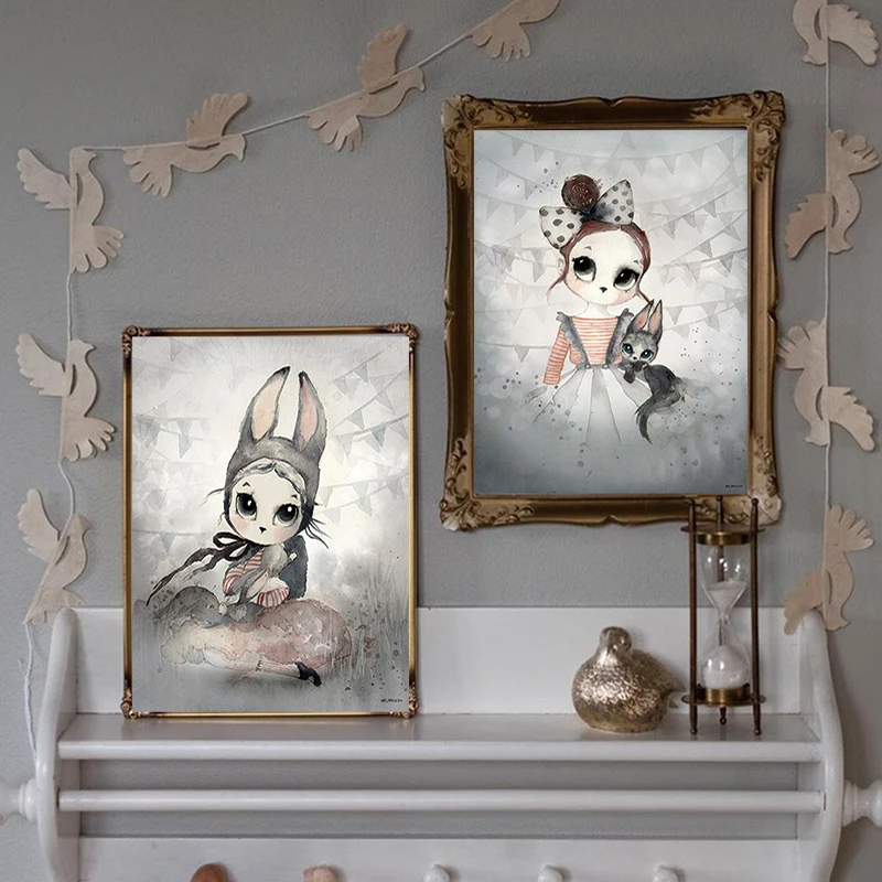 Скандинавская Маска кролик девочка на Луне Ангел живопись холсте мультфильмы