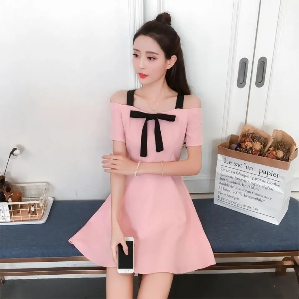 

Summer Korean Version Small Fresh One Shoulder Off The Bow Tie Short Sleeve Temperament Slim Suspender Skirt Women's Dress E044