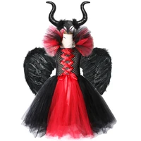 witch queen halloween costumes for girls kids long tutu dress princess girl floor fancy dress with horns wings outfit red black