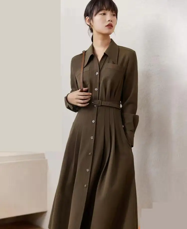 

Women's Korean Style Turn Down Collar Shirt Dress Streetwear Autumn Casual Elegant Long Sleeve Single Breasted Long Dress
