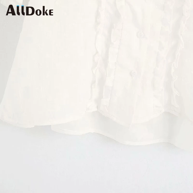 

ALLDOKE elegant ruffles white blouse women summer v neck puff sleeve tops shirt mujer button chiffon ladies blouses blusas femme