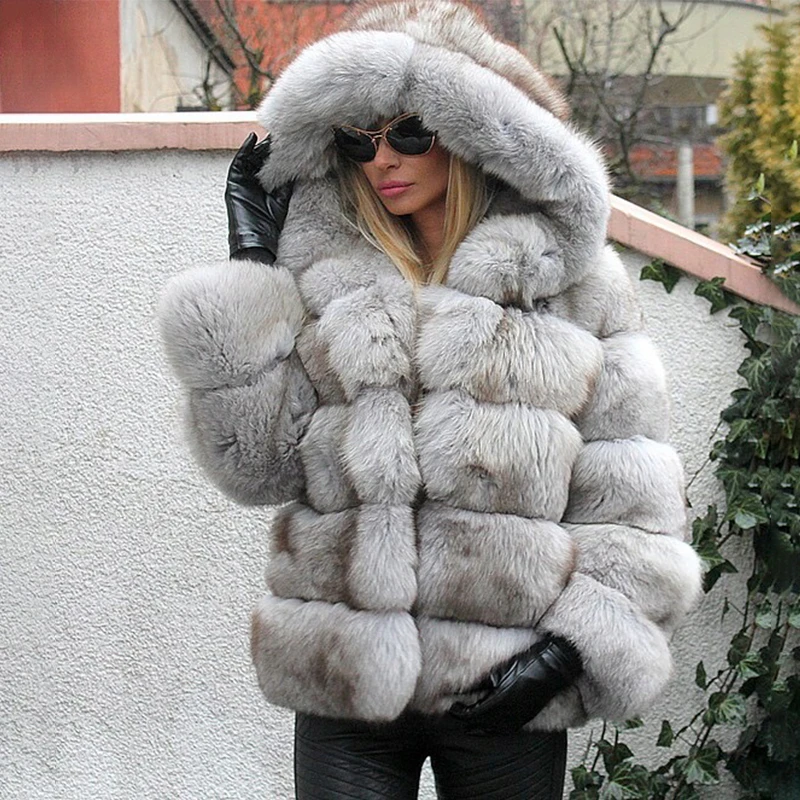 Luxury Women Genuine Fox Fur Jackets With Hood High Quality Natural Fox Fur Coats Whole Skin Natural Fur Coat Woman Trendy 2022 enlarge