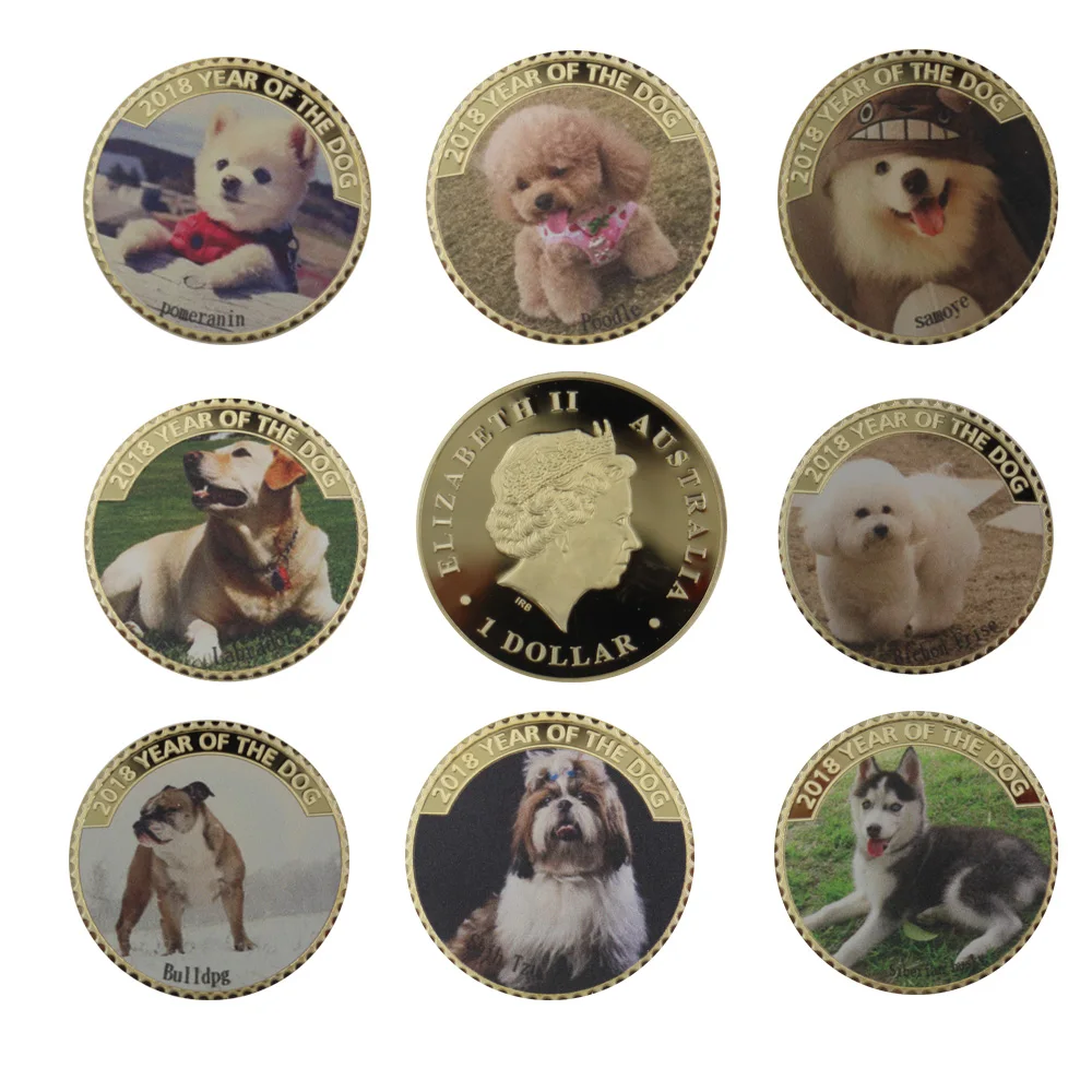 

8pcs/set 2018 Year of The Dog Metal Coin 24k 999.9 Gold Plated Challenge Coin New Year Commemorative Coins Worth Collection