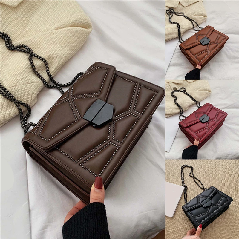 

2020 Fashion Rivet Chain High Quality PU Leather Shoulder Bag For Female Simple Shoulder Bag Solid Color Small Handbags