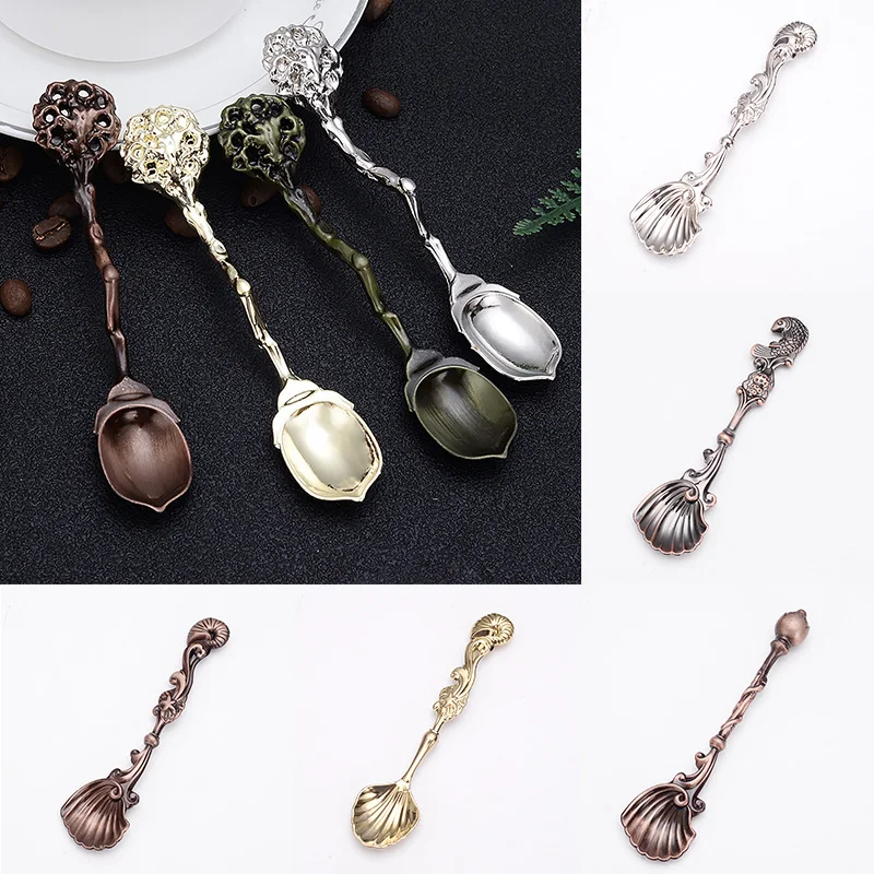 

Vintage Spoon Fork Mini Royal Style Metal Gold Carved Coffee Snacks Fruit Dessert Spoons Kitchen Tools Teaspoon Flatware Cutlery