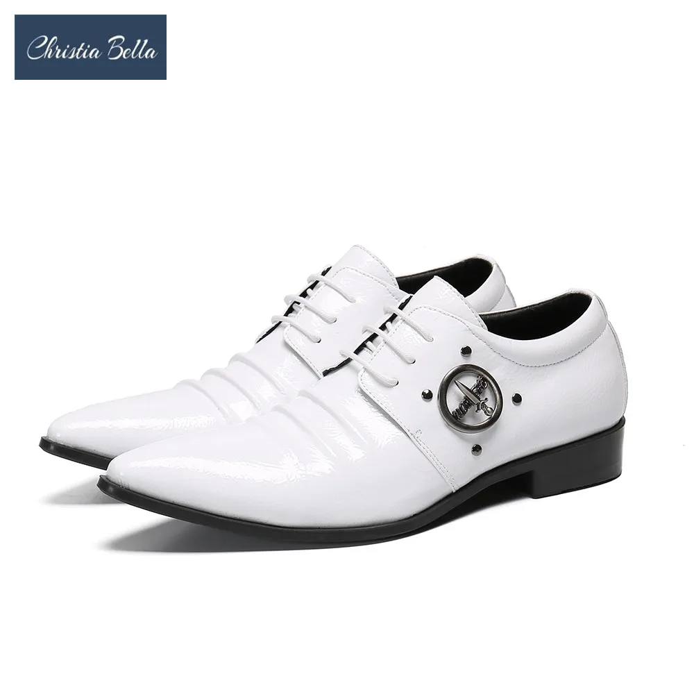 Christia Bella White Real Leather Men Oxfords Shoes Lace Up Pointed Toe Business Brogue Shoes Man Office Dress Shoes Footwear